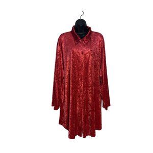 Vintage Cacique Red Crushed Velvet Long Sleeve Button-Up Tunic Made In Hong Kong